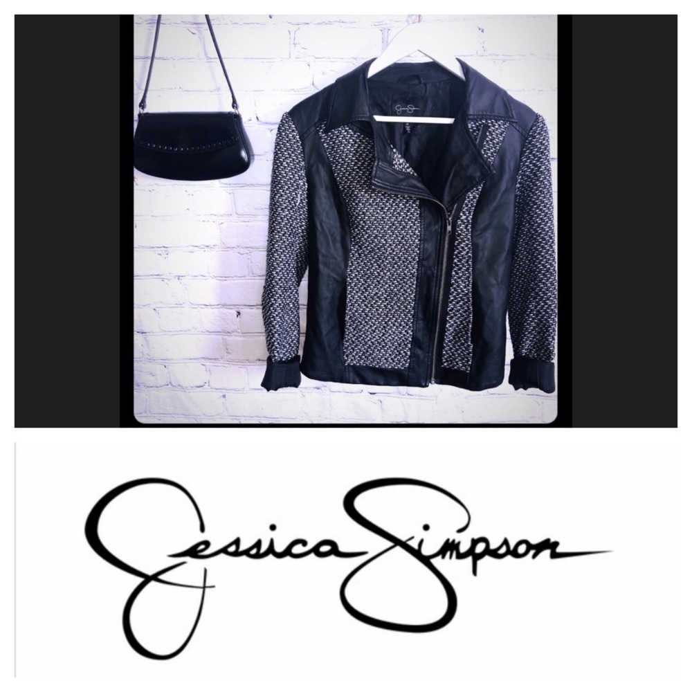 Jessica Simpson Tweed Faux Leather Moto Jacket